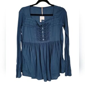 Free People Blue Smocked Bib Collar Blouse NWT!